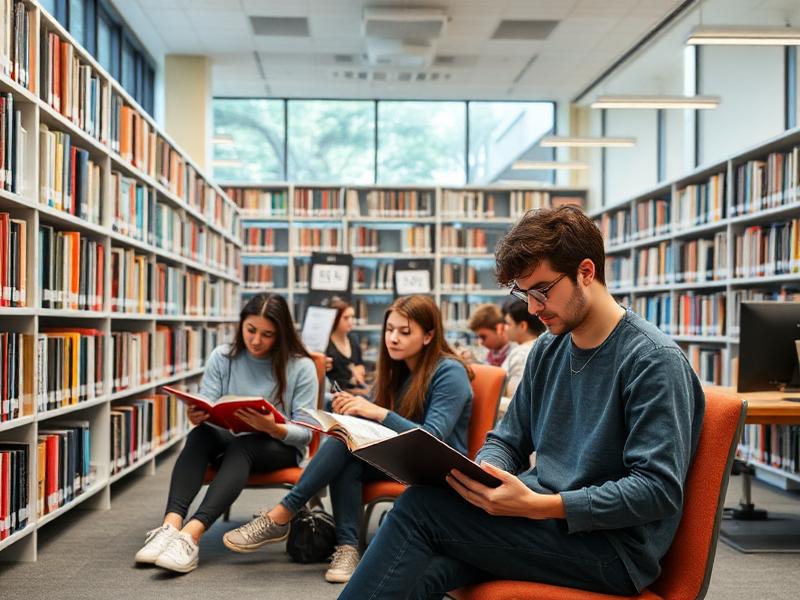 Студент читает книгу в библиотеке